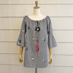 Lovposh NWT Blue & White Striped Off Shoulder Embroidered Boho Tunic Top Size S